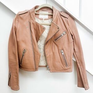 MAJE BEIGE NUDE LAMBSKIN LEATHER CROPPED MOTO BIKER JACKET FR 36 SMALL
